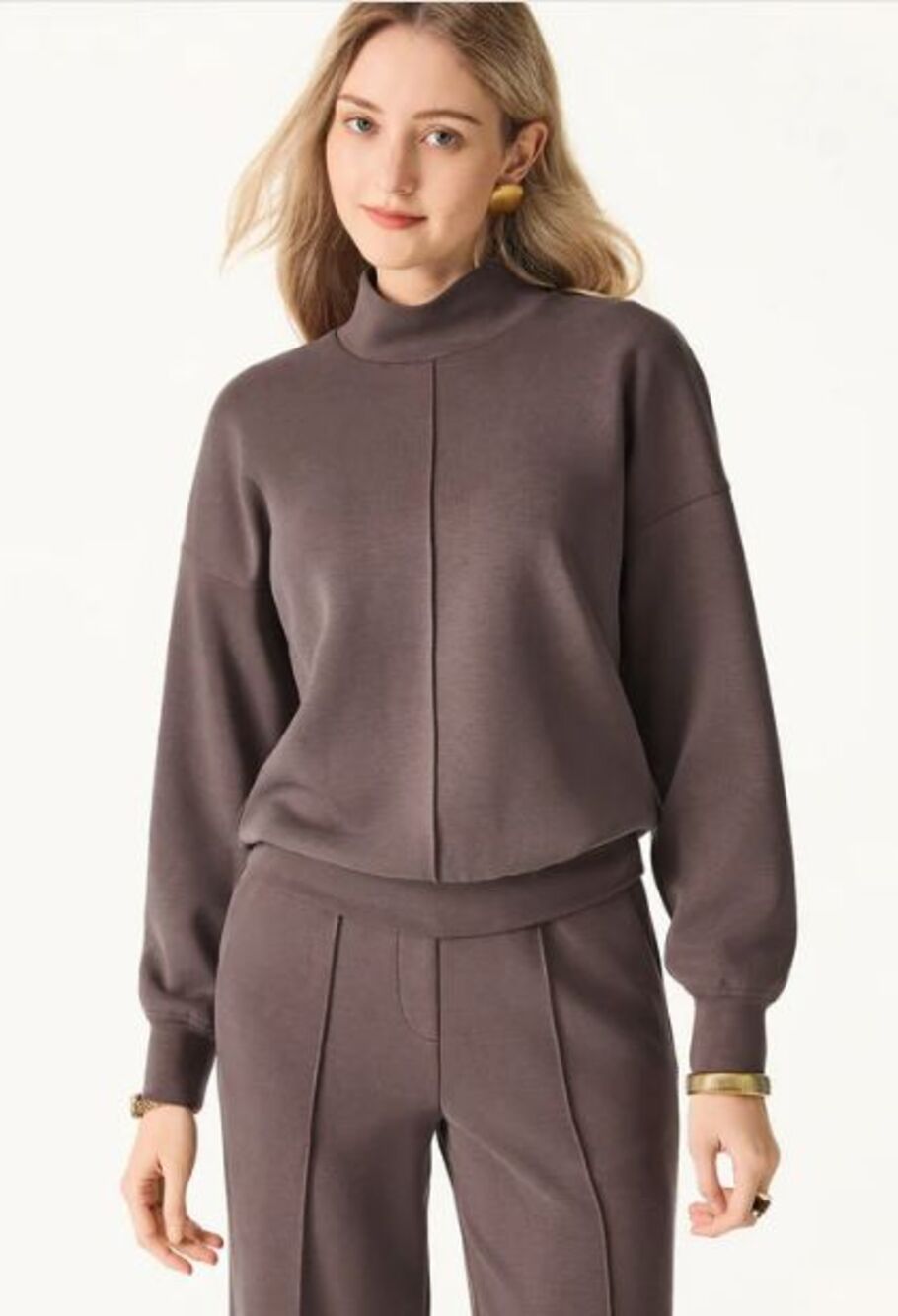 NWT OGL Move Softest Spacer Knit Shirt Womens S Brown Stretch Pleated Mock Neck